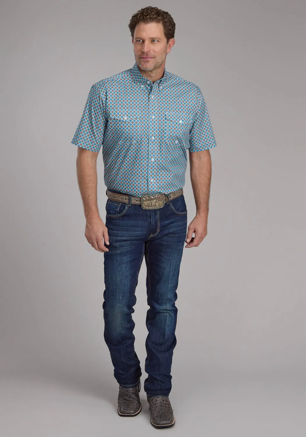 Functional Wear Roper Mens Turquoise Tile Foulard Blue 100% Cotton Btn S/S Shirt