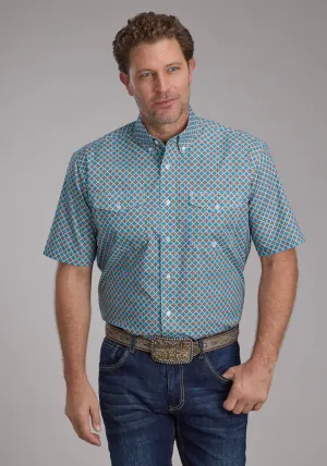 Effortless Appeal Roper Mens Turquoise Tile Foulard Blue 100% Cotton Btn S/S Shirt Layered Sleeve Cuffs Chic Design Roper Mens Turquoise Tile Foulard Blue 100% Cotton Btn S/S Shirt