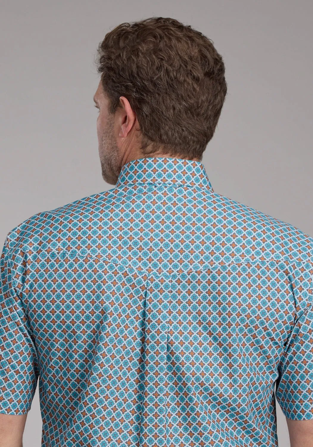 Roper Mens Turquoise Tile Foulard Blue 100% Cotton Btn S/S Shirt Modern Look Ergonomic Back Panel