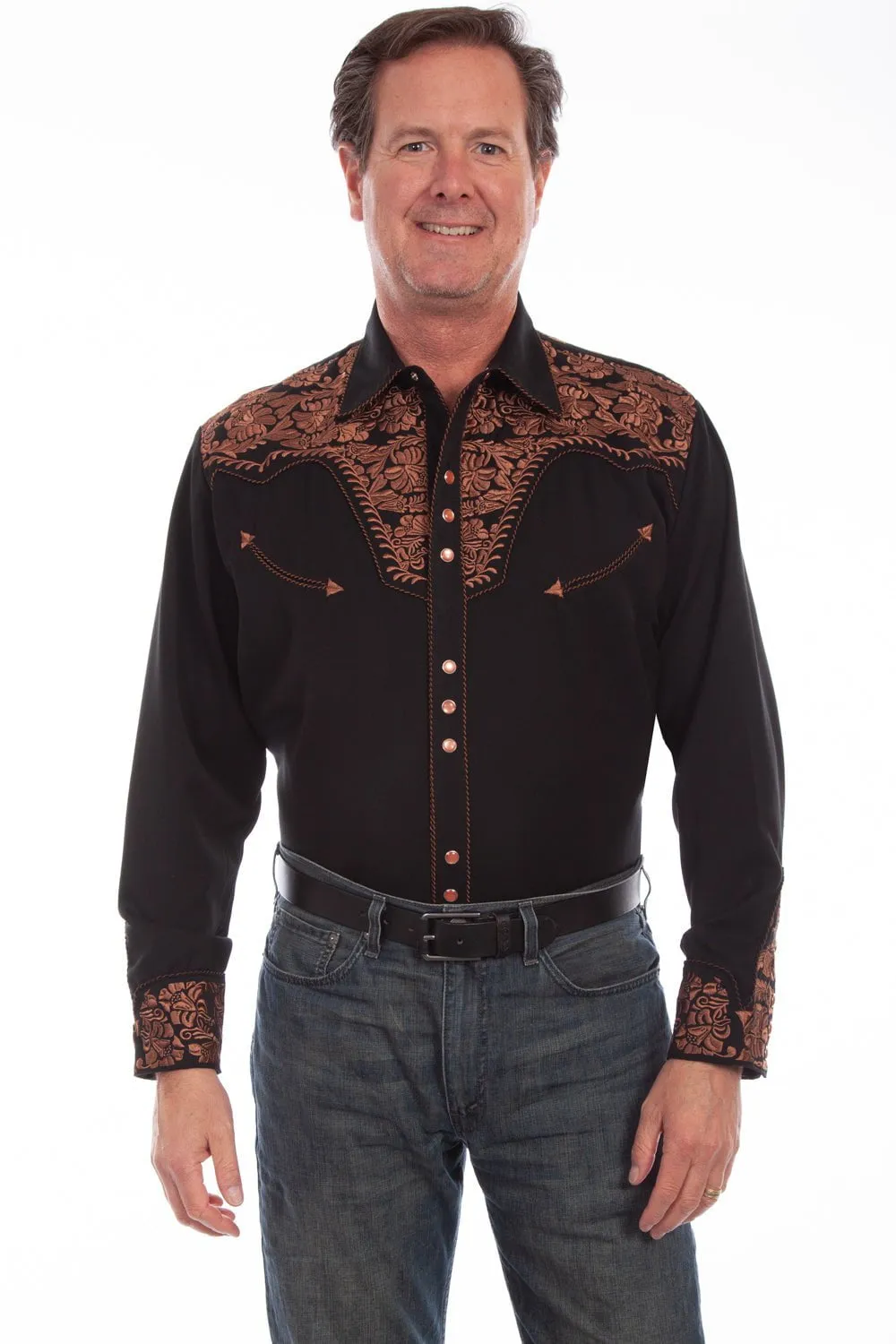 Lightweight Feel Geometric Shape Scully Mens Shirt Western Black Poly Blend Floral Tooled Stitch L/S