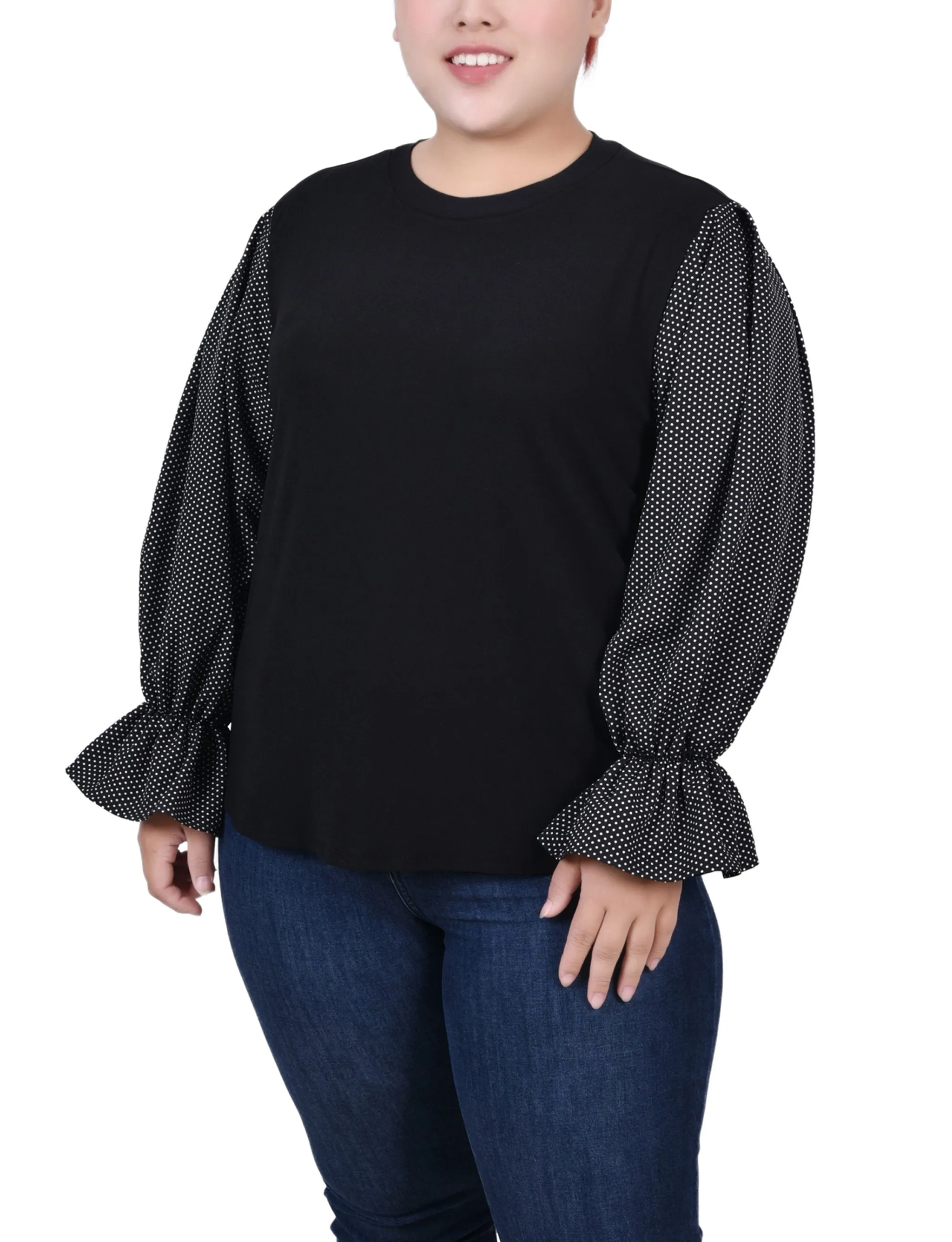 Daywear Mood Plus Size Long Sleeve Top With Printed Sleeves