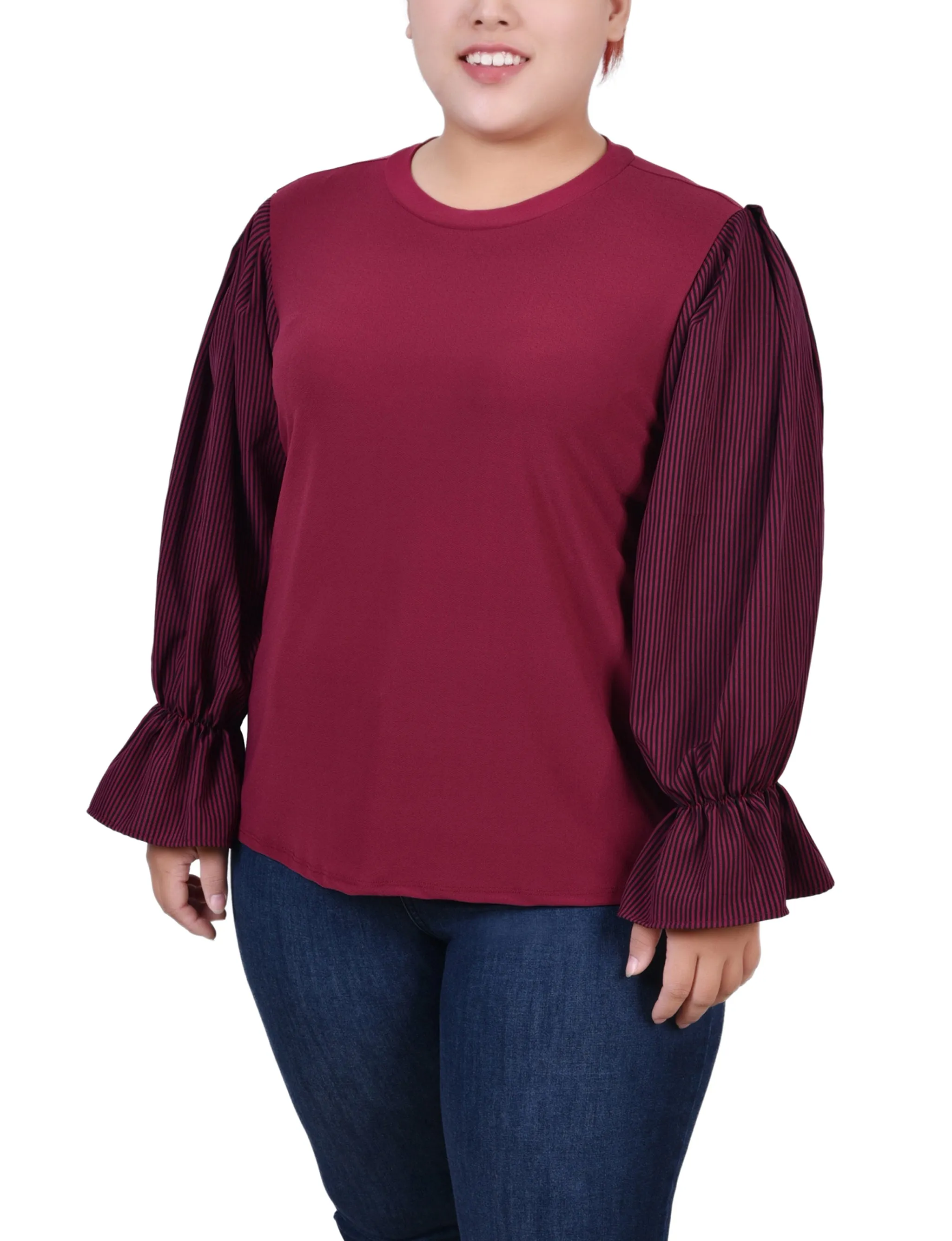 Feminine Layers Plus Size Long Sleeve Top With Printed Sleeves