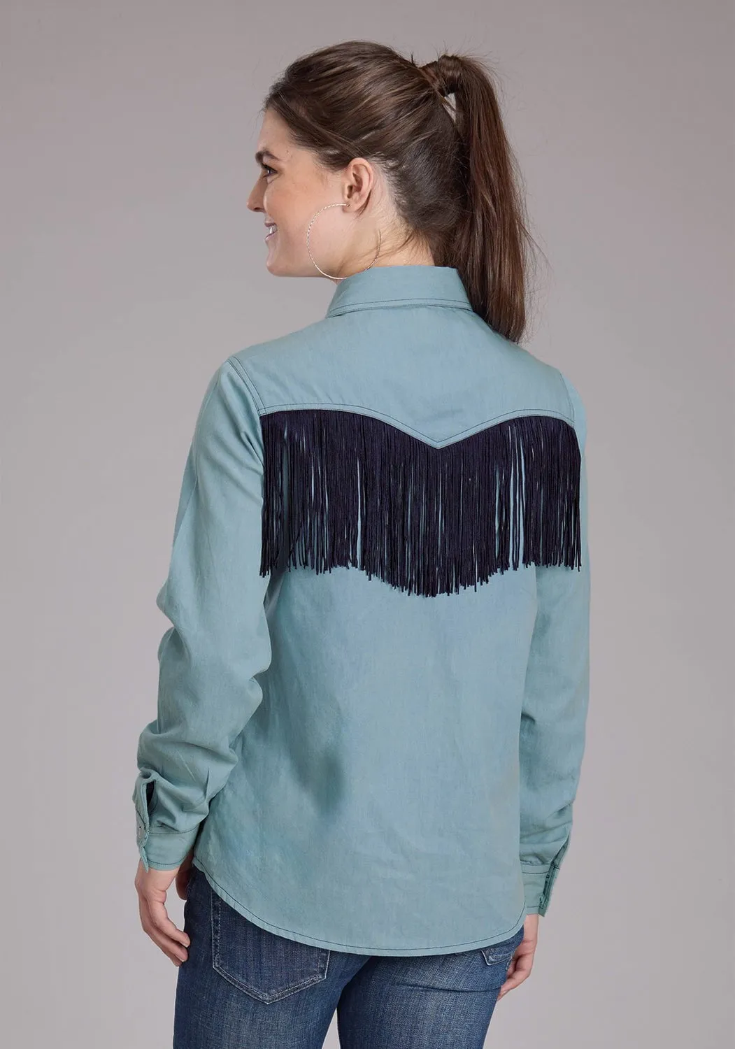 All-Weather Wear Roper Womens Howdy Fringe Western Light Blue 100% Cotton L/S Blouse