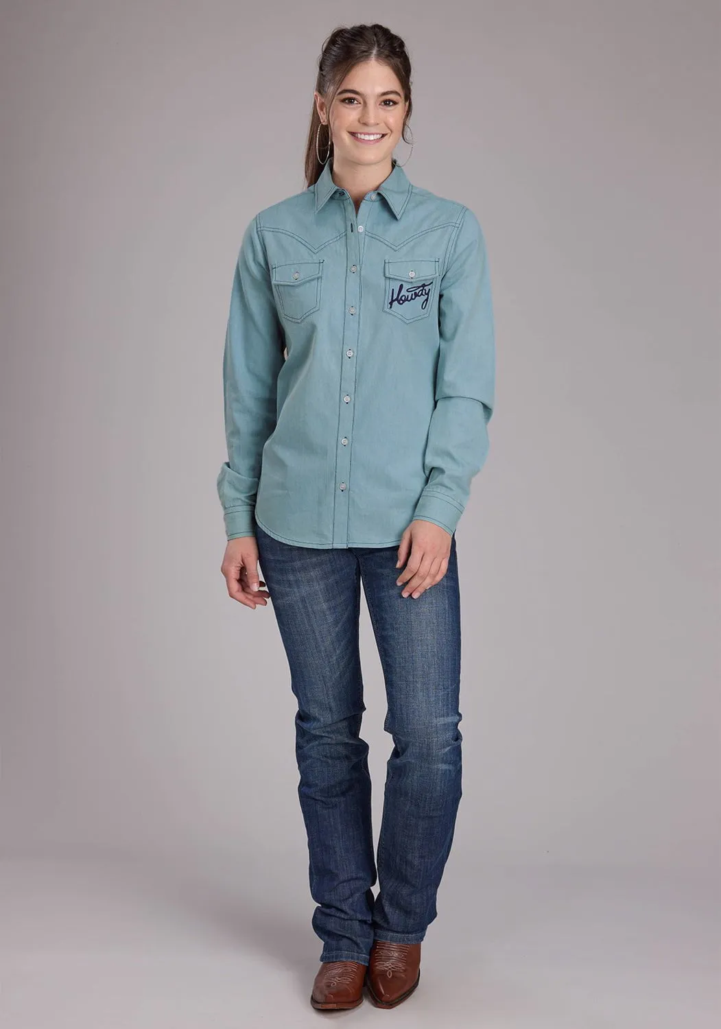 Roper Womens Howdy Fringe Western Light Blue 100% Cotton L/S Blouse Subtle pattern Versatile Layering Piece