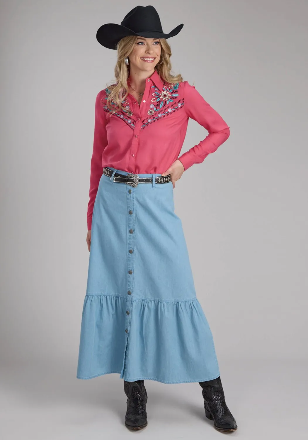 General Fit Moisture Wicking Technology Roper Womens Maxi Length Ruffle Blue 100% Cotton Skirt