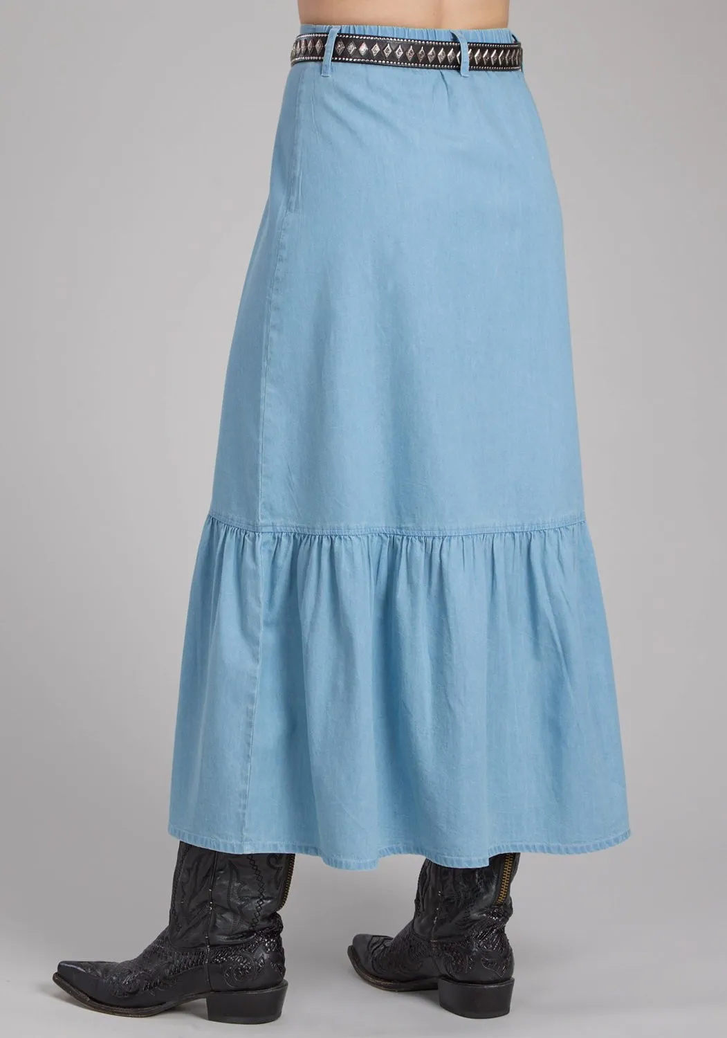 Roper Womens Maxi Length Ruffle Blue 100% Cotton Skirt Office Wear Couple Look Work Ready