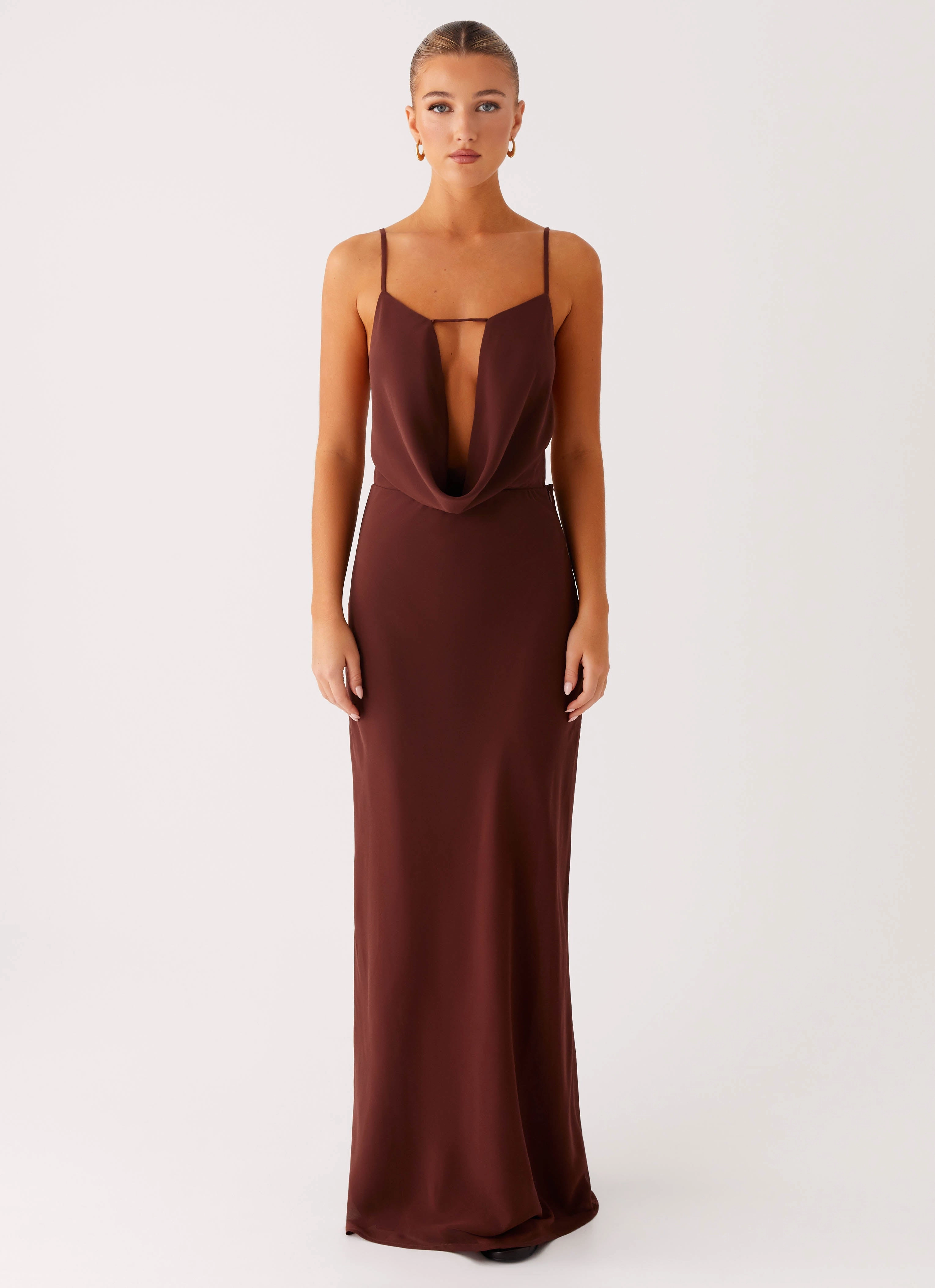 Elation Cowl Neck Maxi Dress - Chocolate Petite-Size Hidden-Pocket