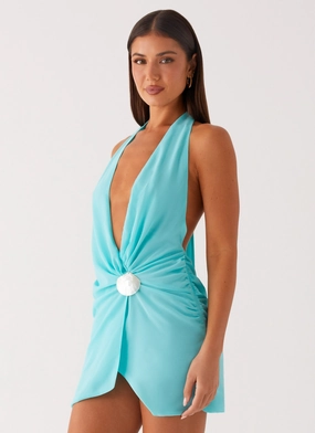 Eleanora Plunge Mini Dress - Turquoise Fashionable Style Comfortable fit for outings Street Style Eleanora Plunge Mini Dress - Turquoise