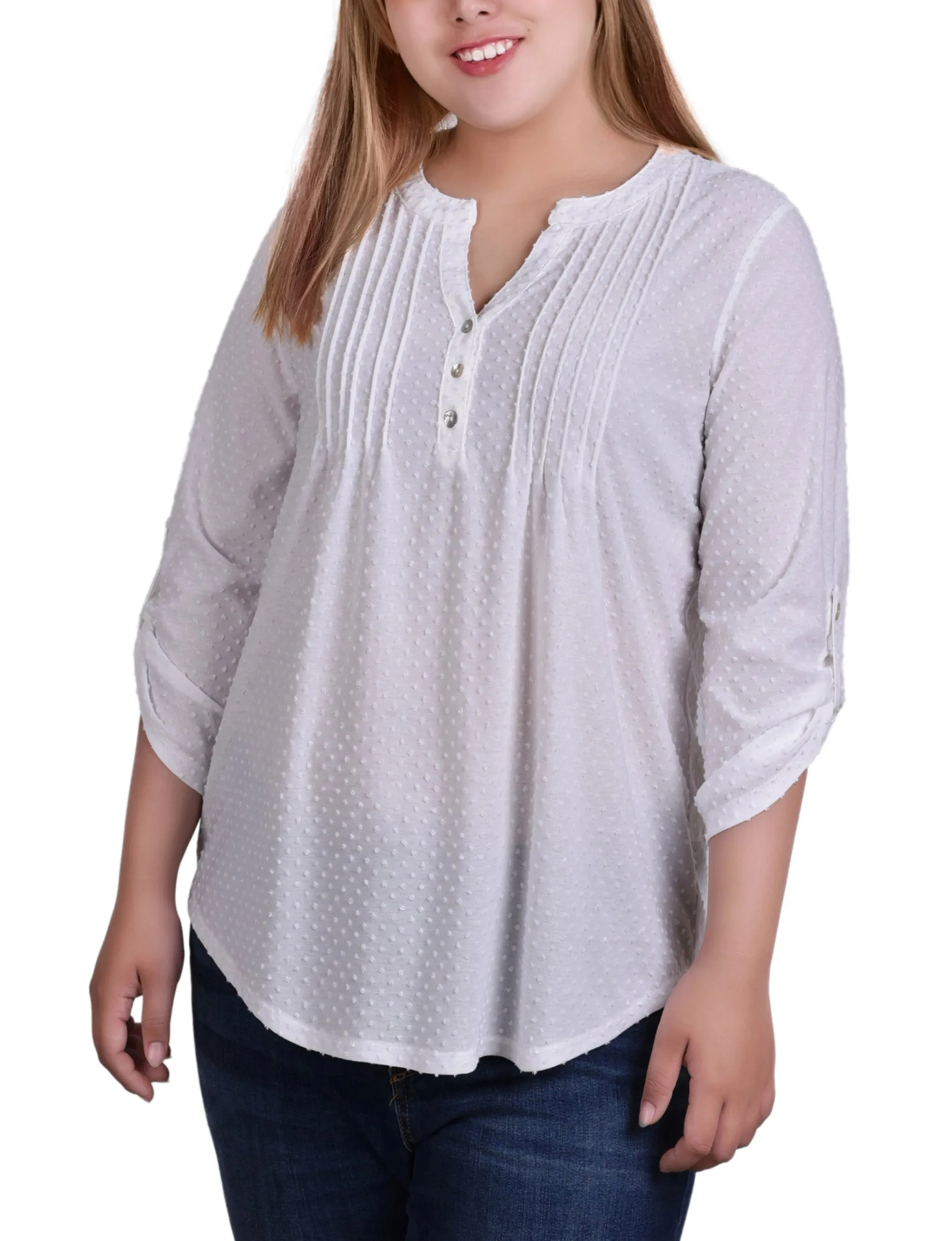 Plus Size 3/4 Tab Sleeve Y Neck Top All-season