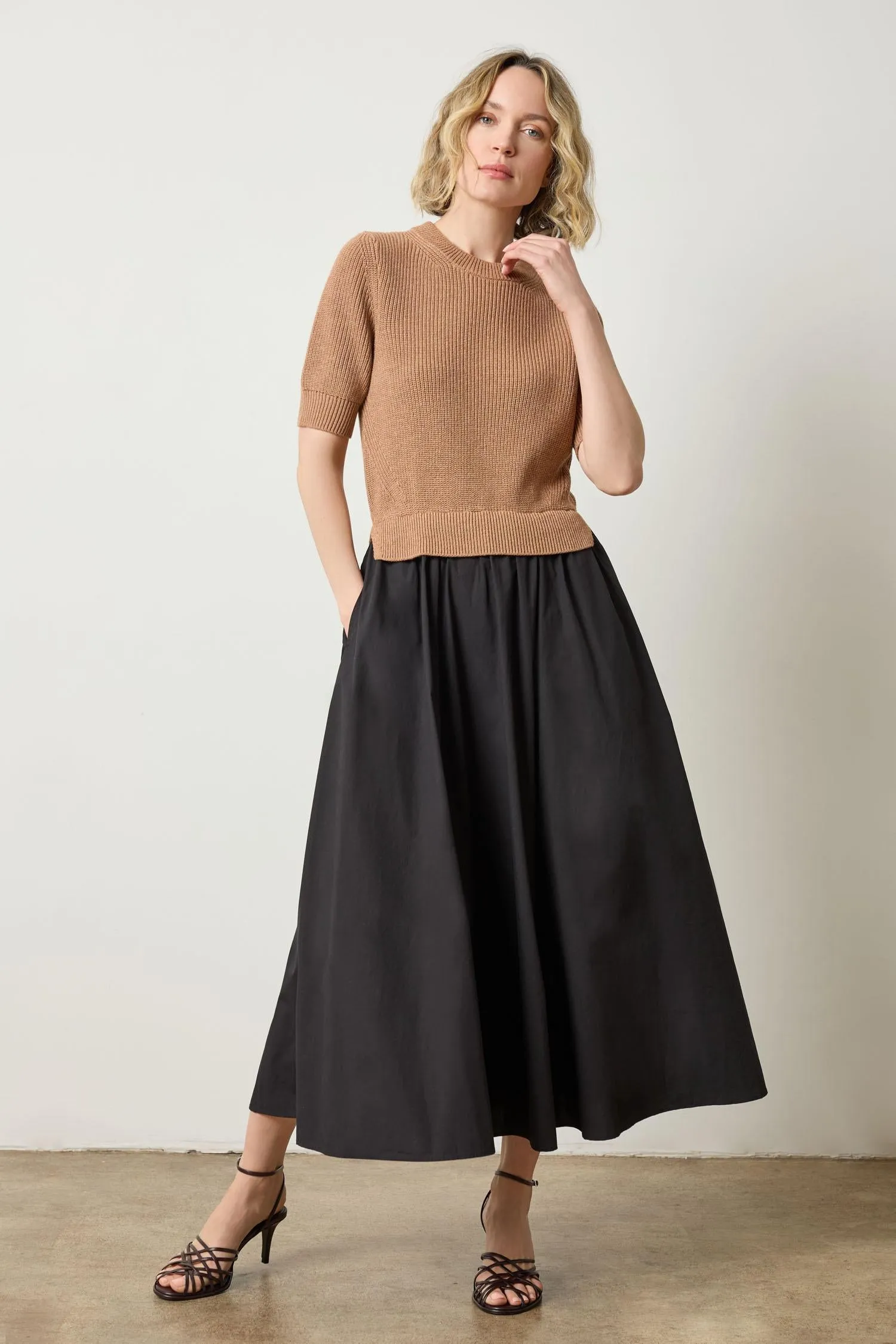Short Sleeve Mixed Media Dress in Acorn