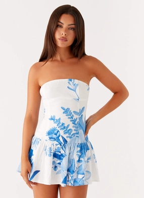 Elegant and Simple Mario Mini Dress - Blue Floral Print Sophisticated Waistband Fit Balanced Shape Mario Mini Dress - Blue Floral Print