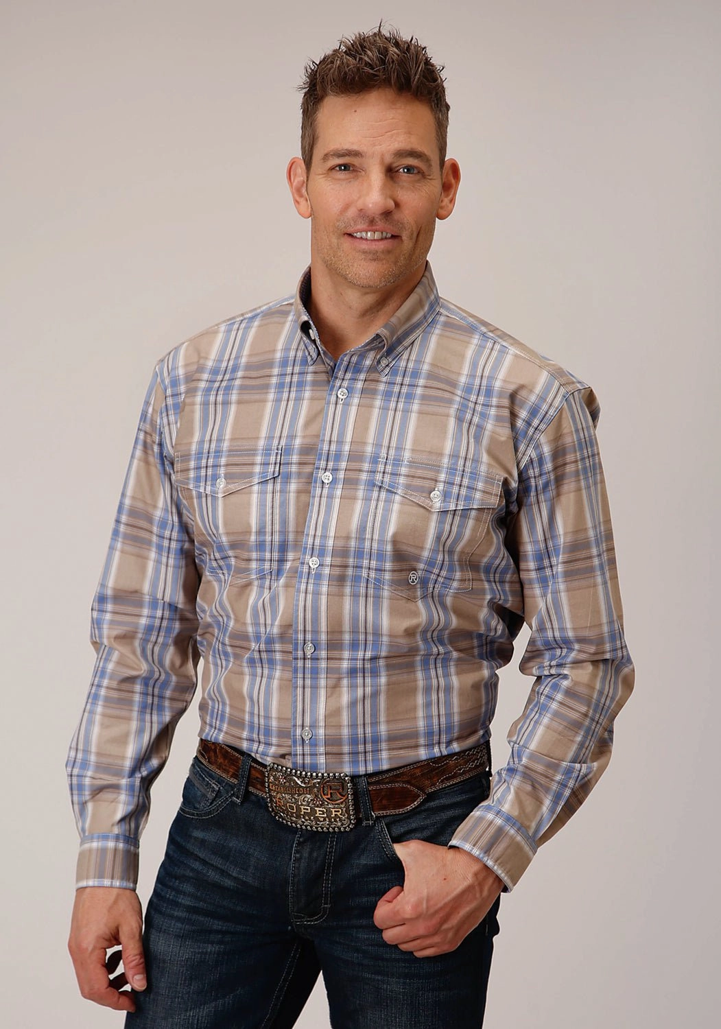 Roper Mens Sandy Plaid Tan 100% Cotton L/S Shirt Earthy Hue Matte Look
