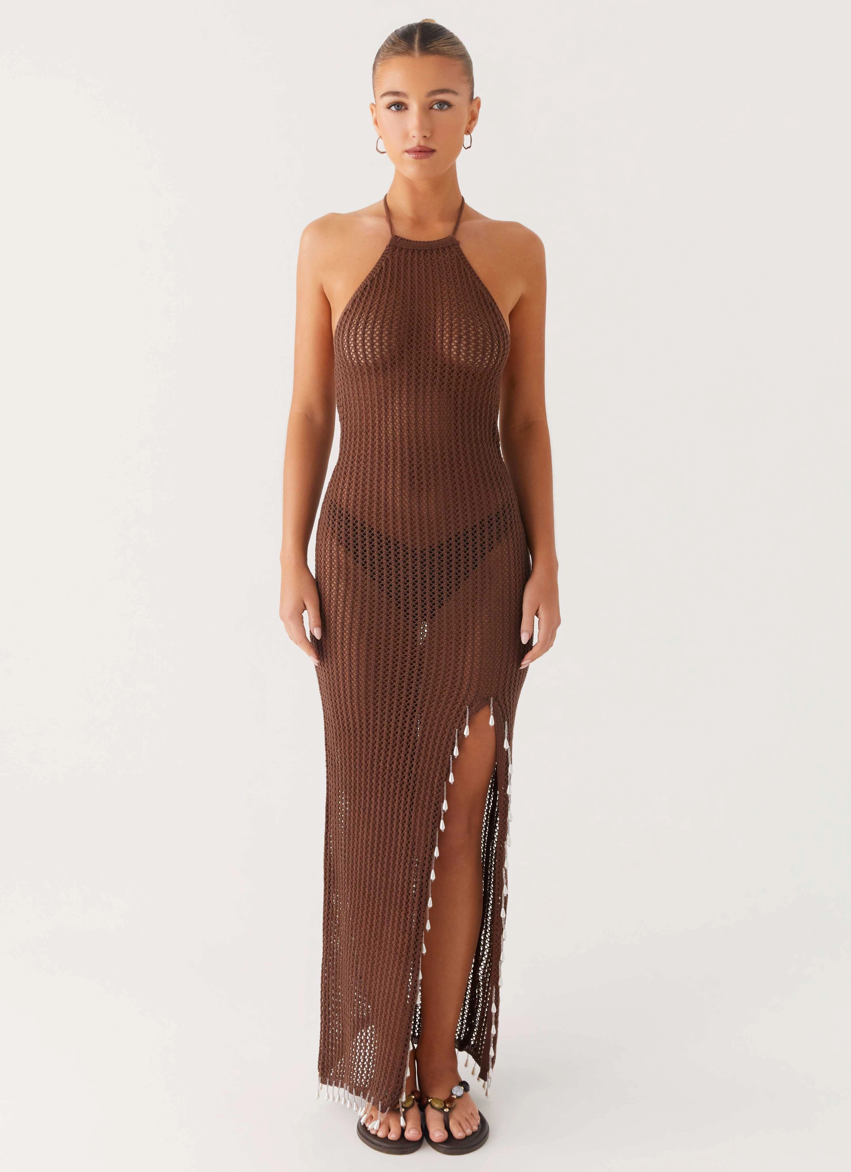Fennella Beaded Maxi Dress - Chocolate Clean Flow Pop Texture