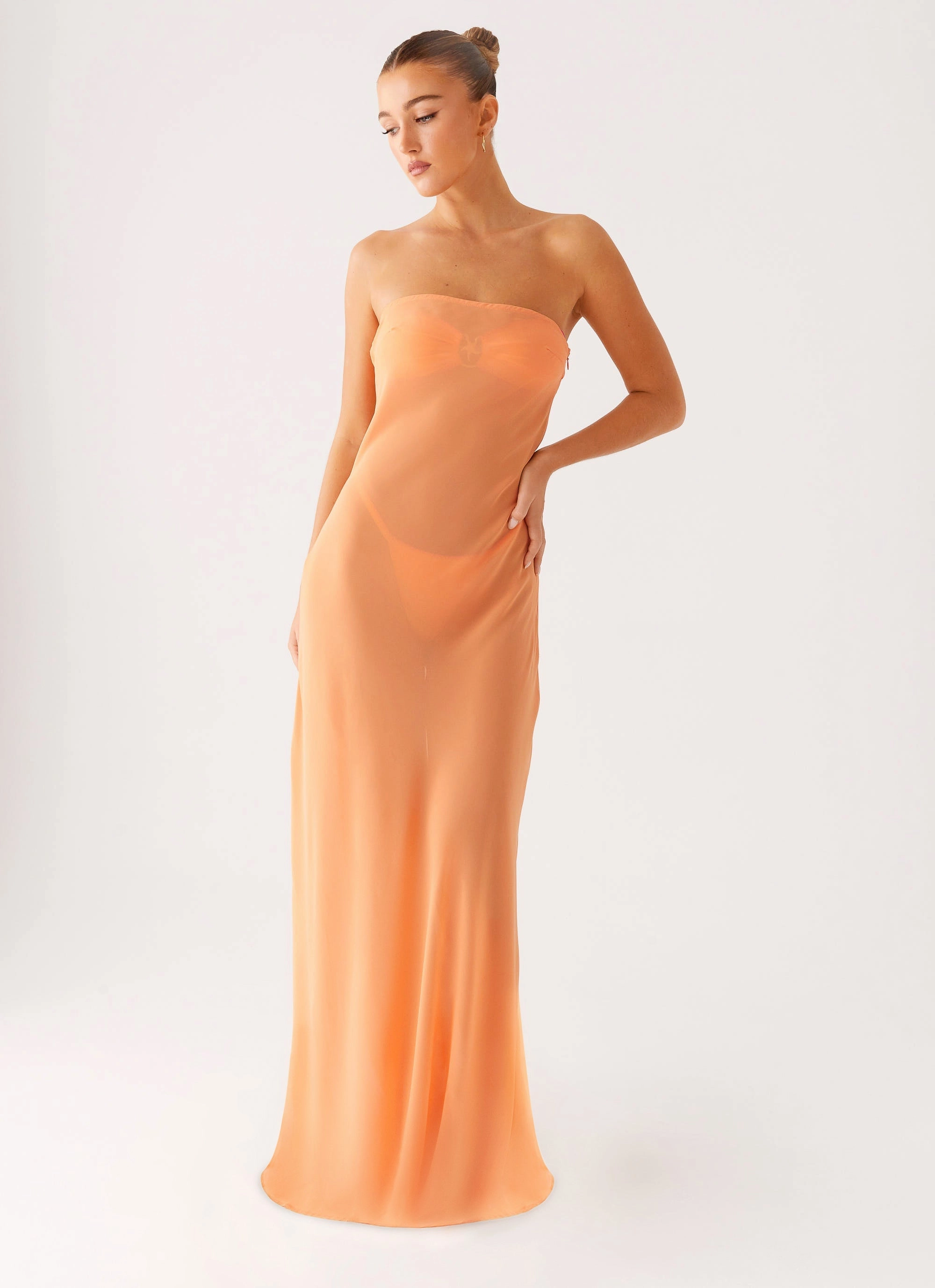 Mattie Strapless Maxi Dress - Orange Trendy Layer Tonal-Stitching