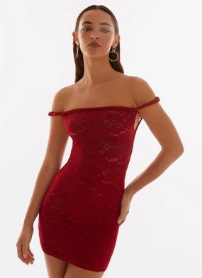 Elegant Waist Design Arabella Lace Twist Shoulder Mini Dress - Red Feminine flowing piece Daytime Look Arabella Lace Twist Shoulder Mini Dress - Red