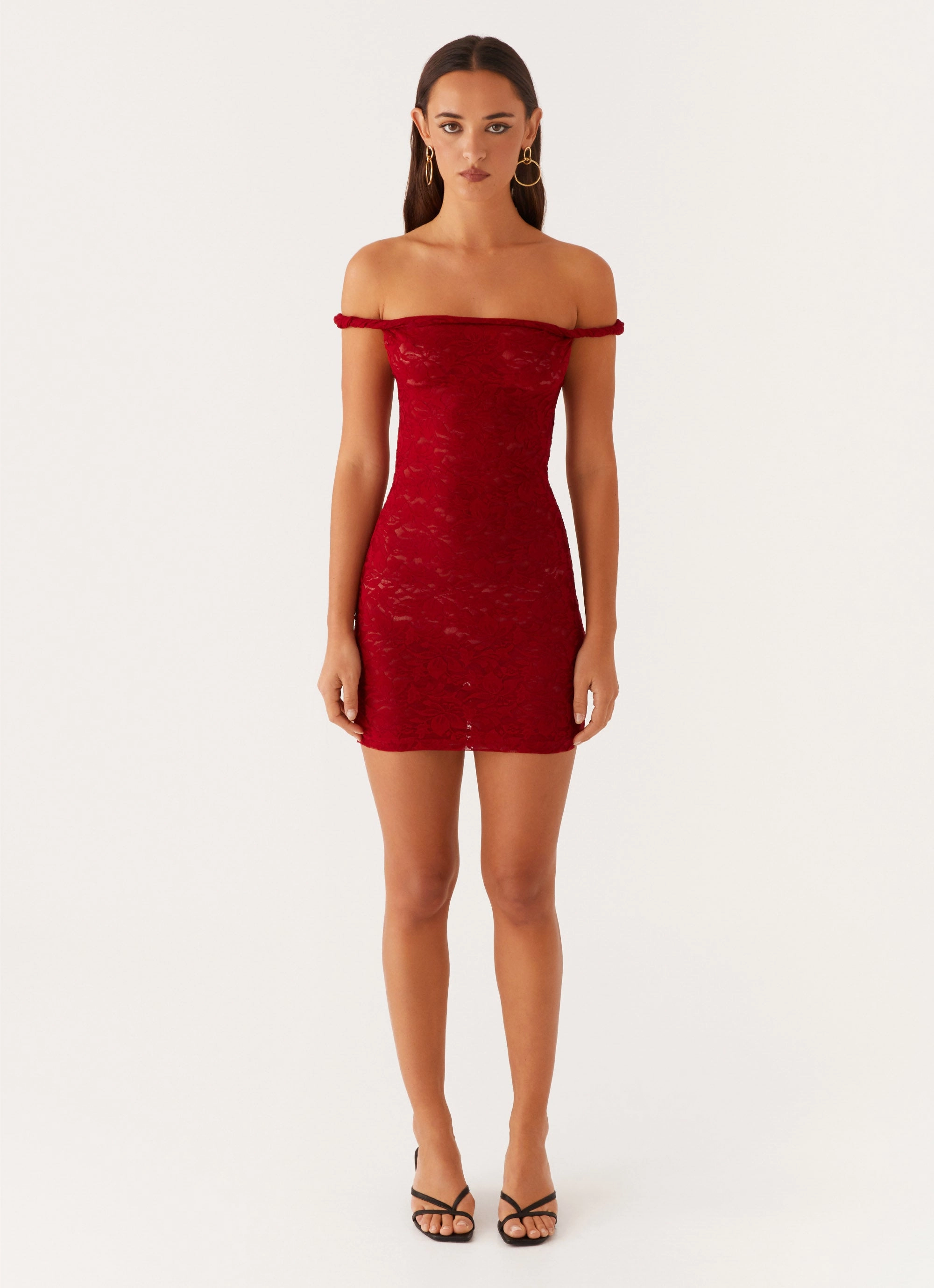 Arabella Lace Twist Shoulder Mini Dress - Red Sharp Fit Body Ease