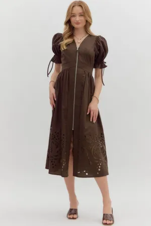 Elizabeth Crochet Trim Zip Front Midi Dress in Brown Flattering Fit Button Accent Elizabeth Crochet Trim Zip Front Midi Dress in Brown