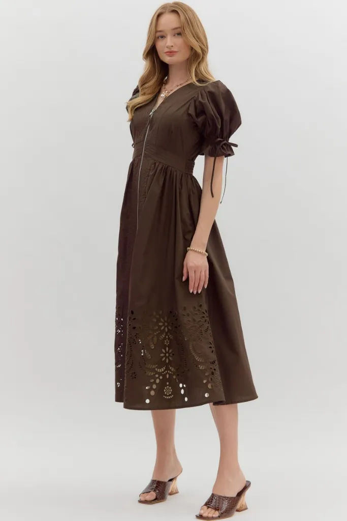 Elizabeth Crochet Trim Zip Front Midi Dress in Brown Light Touch