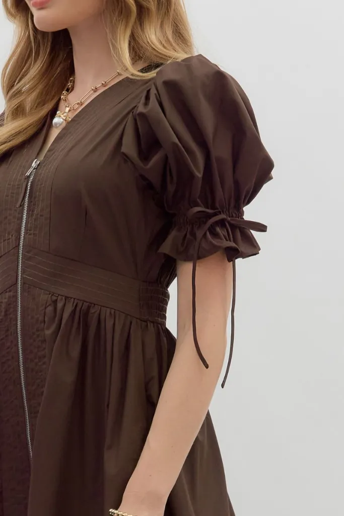 Elizabeth Crochet Trim Zip Front Midi Dress in Brown Dreamy Texture
