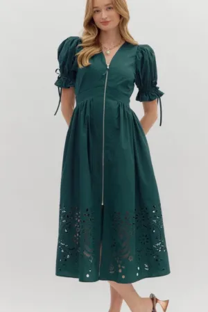 Elizabeth Crochet Trim Zip Front Midi Dress in Teal Elegant Sets Smooth Outline Elizabeth Crochet Trim Zip Front Midi Dress in Teal