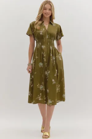 Elizabeth Floral Zip Front Midi Dress in Olive Premium Make Elizabeth Floral Zip Front Midi Dress in Olive Short Sleeve Polished Wear