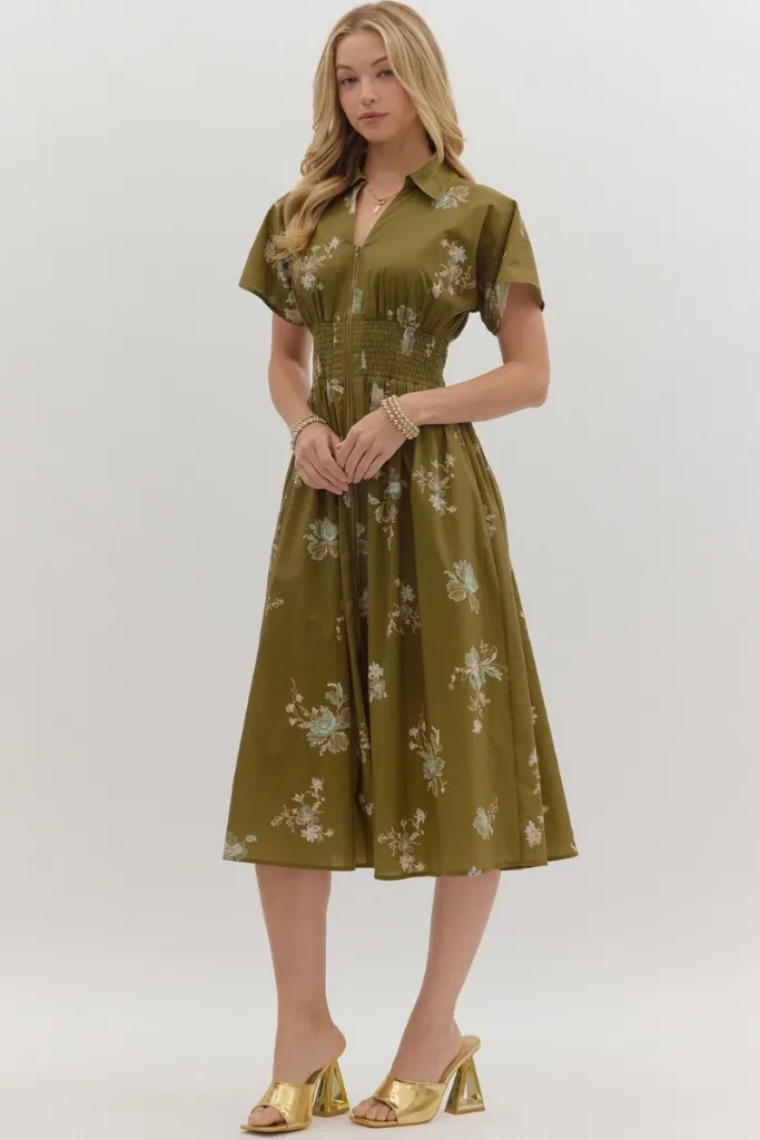 Dreamy Look Elizabeth Floral Zip Front Midi Dress in Olive