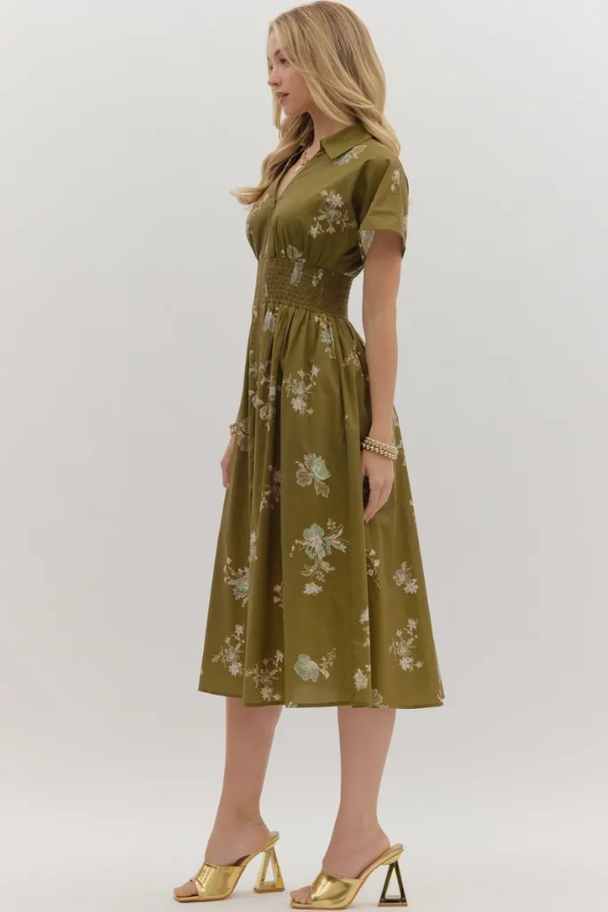 Elizabeth Floral Zip Front Midi Dress in Olive Church Scene