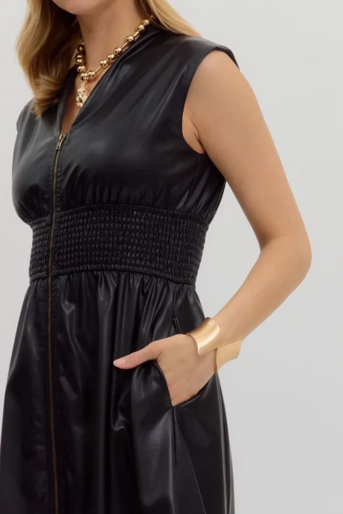 Comfortable Cut Elizabeth Vegan Leather Zip Front Midi Dress Black