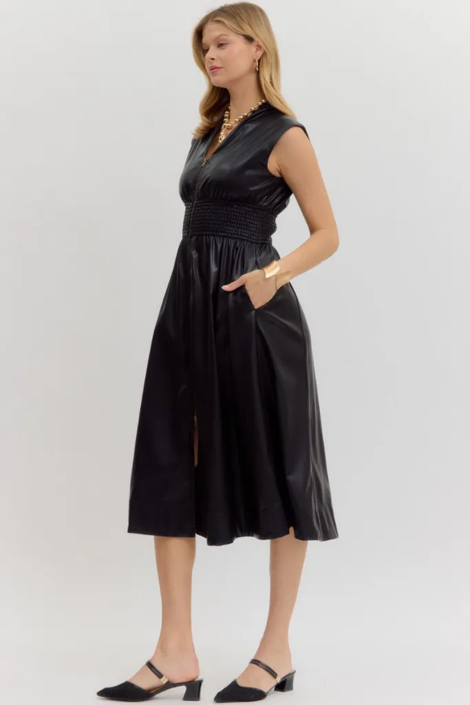 Elizabeth Vegan Leather Zip Front Midi Dress Black Balloon-Sleeve Feminine Design
