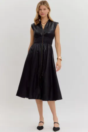 Elizabeth Vegan Leather Zip Front Midi Dress Black Trendy Silhouette Modern Movement Elizabeth Vegan Leather Zip Front Midi Dress Black
