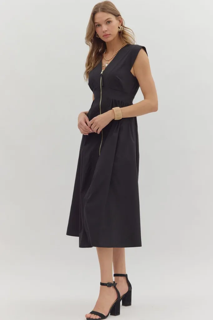 Bright Mood Elizabeth Zip Front Midi Dress in Black