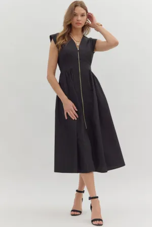 Elizabeth Zip Front Midi Dress in Black Soft Wearable Pop Texture Elizabeth Zip Front Midi Dress in Black