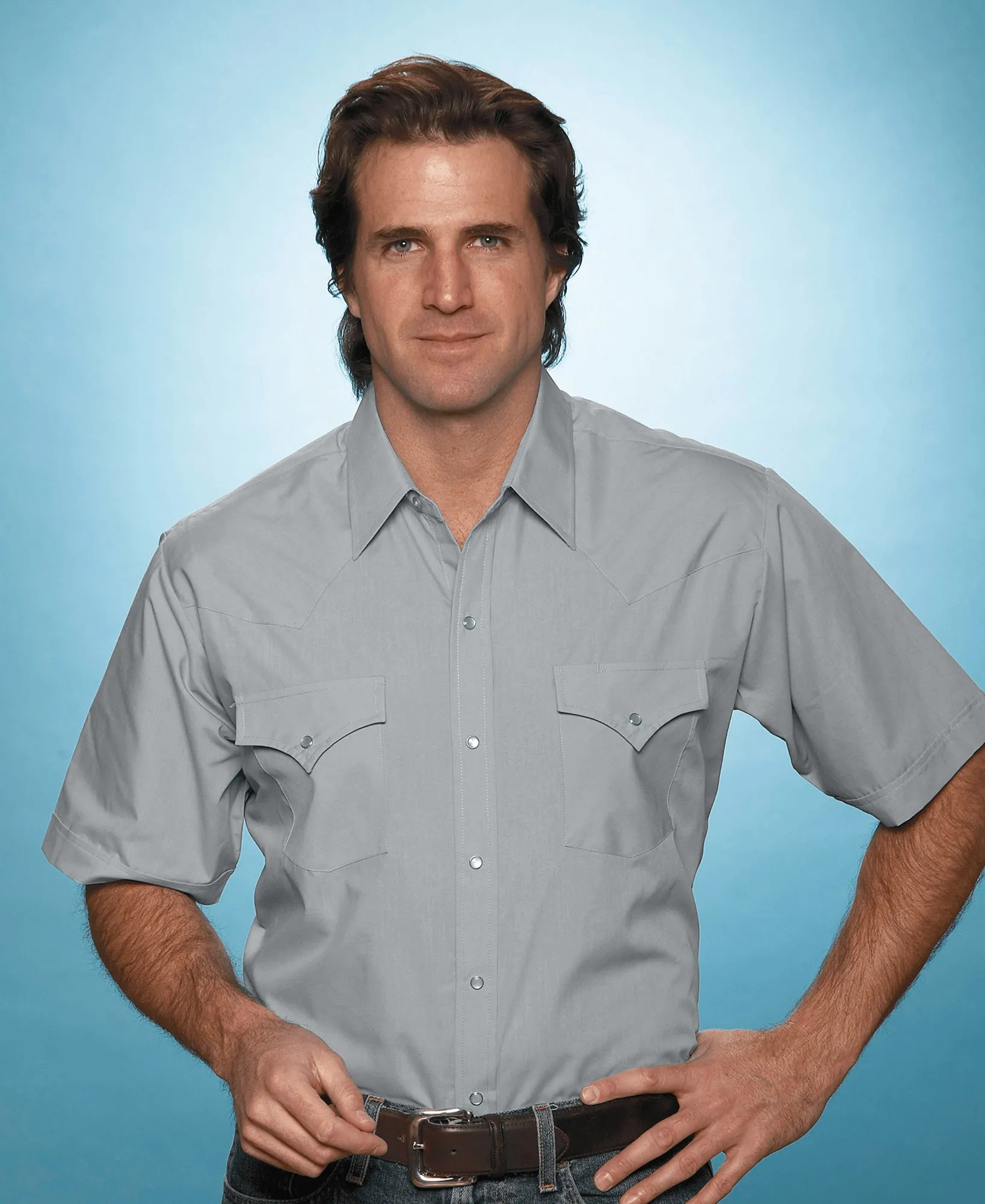 Ely & Walker Mens Solid Gray Western Shirt S/S Poly/Cotton Tall Relaxed Comfort color block