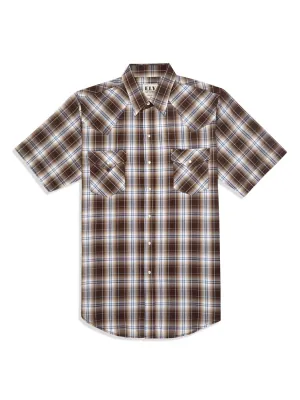 Ely and Walker Mens Plaid Snap Brown Poly/Cotton S/S Shirt Active Comfort Casual Vibe Non Iron Ely and Walker Mens Plaid Snap Brown Poly/Cotton S/S Shirt