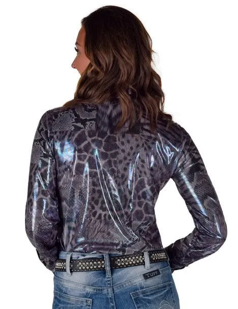 Cowgirl Tuff Womens Shiny Animal Gray Polyester L/S Shirt Winter Retreat Urban Comfort
