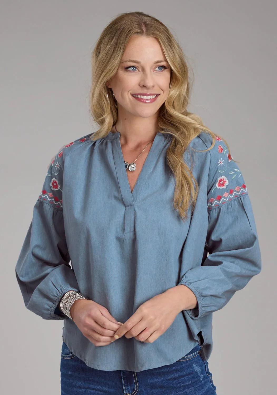 Roper Womens Pretty V-Neck Peasant Blue 100% Cotton L/S Blouse BBQ Party
