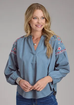Embroidered Detail Roper Womens Pretty V-Neck Peasant Blue 100% Cotton L/S Blouse Roper Womens Pretty V-Neck Peasant Blue 100% Cotton L/S Blouse BBQ Party