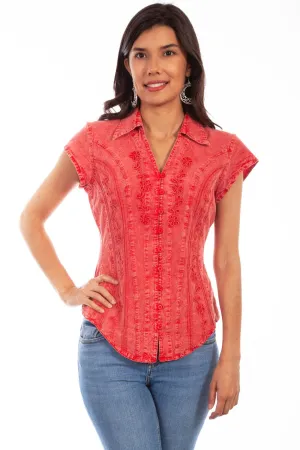 Embroidered Detail Scully Womens Brick 100% Cotton Cap Sleeve S/S Blouse Preppy Vibe Classic Collar Scully Womens Brick 100% Cotton Cap Sleeve S/S Blouse