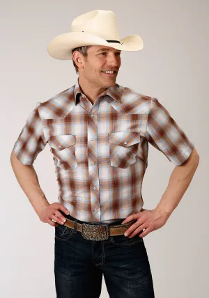 Embroidered Logo Roper Mens Butterscotch Cotton Blend 55/45 Plaid S/S Shirt Adjustable Cuff Closure Roper Mens Butterscotch Cotton Blend 55/45 Plaid S/S Shirt