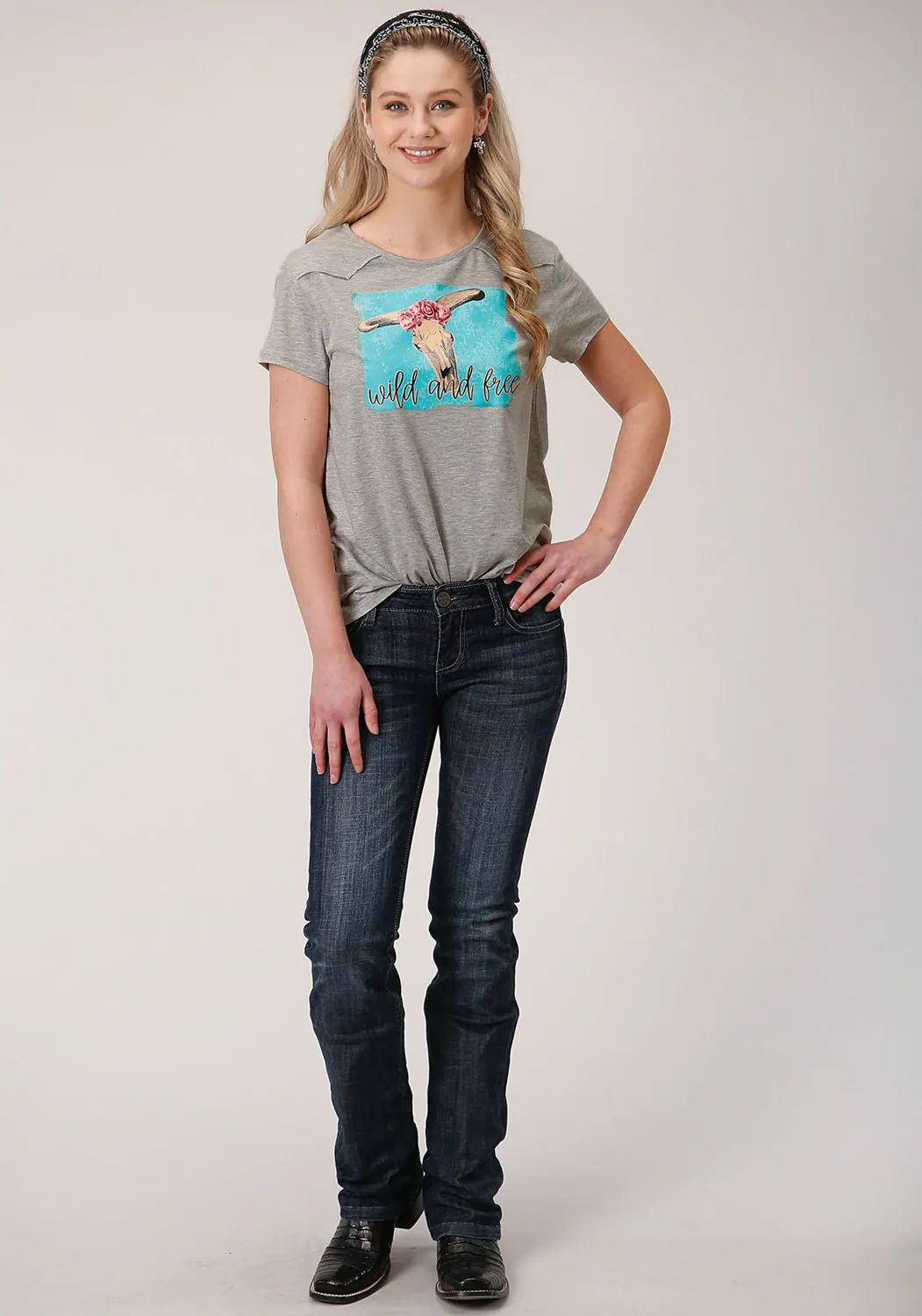 Roper Womens Grey Poly/Rayon Wild And Free S/S T-Shirt Fashion Forward Design Gift Idea