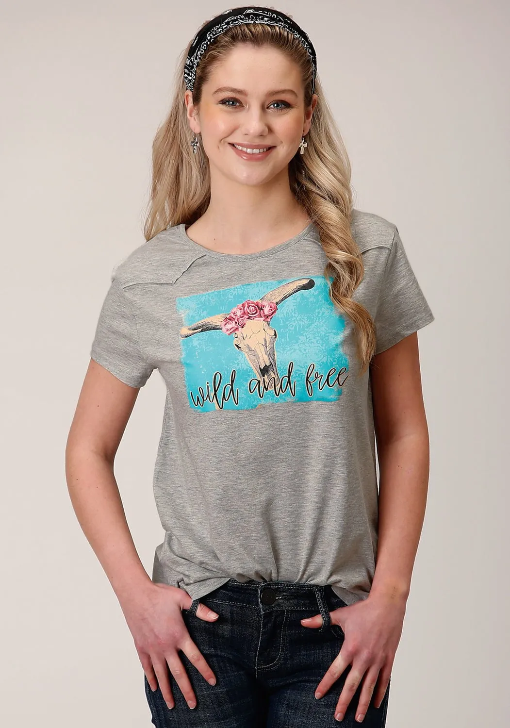 Roper Womens Grey Poly/Rayon Wild And Free S/S T-Shirt All-Day Wear Casual Hangout