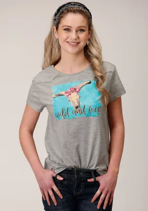 Embroidered Logo Roper Womens Grey Poly/Rayon Wild And Free S/S T-Shirt Roper Womens Grey Poly/Rayon Wild And Free S/S T-Shirt Quick Release Cuffs