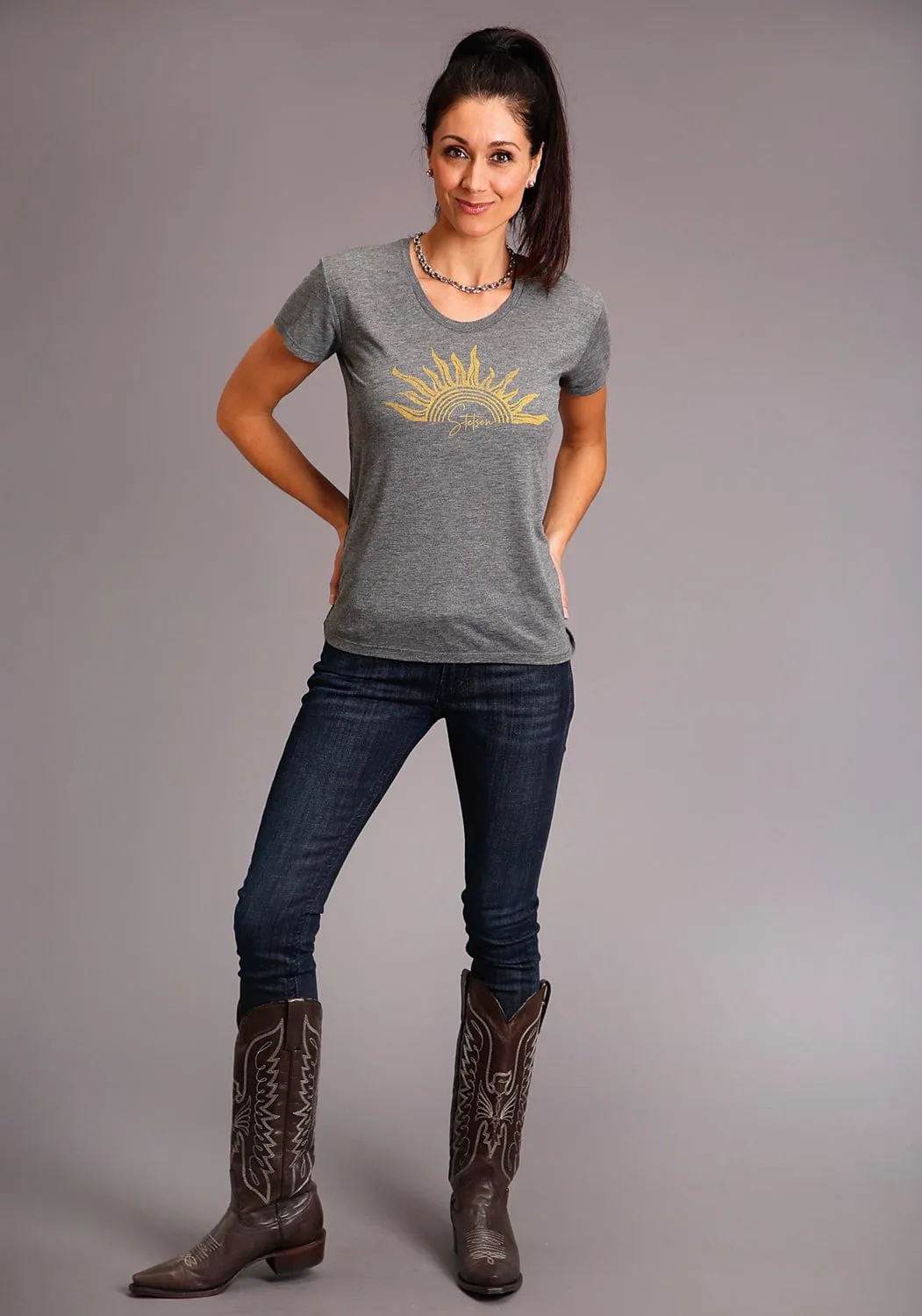 Stetson Womens Grey Poly/Rayon Gold Sun S/S T-Shirt Summer Vibes Gym Appropriate