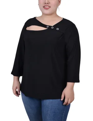 Emerald Green Plus Size 3/4 Sleeve Cutout Top Sun-Protective Cool Finish Plus Size 3/4 Sleeve Cutout Top