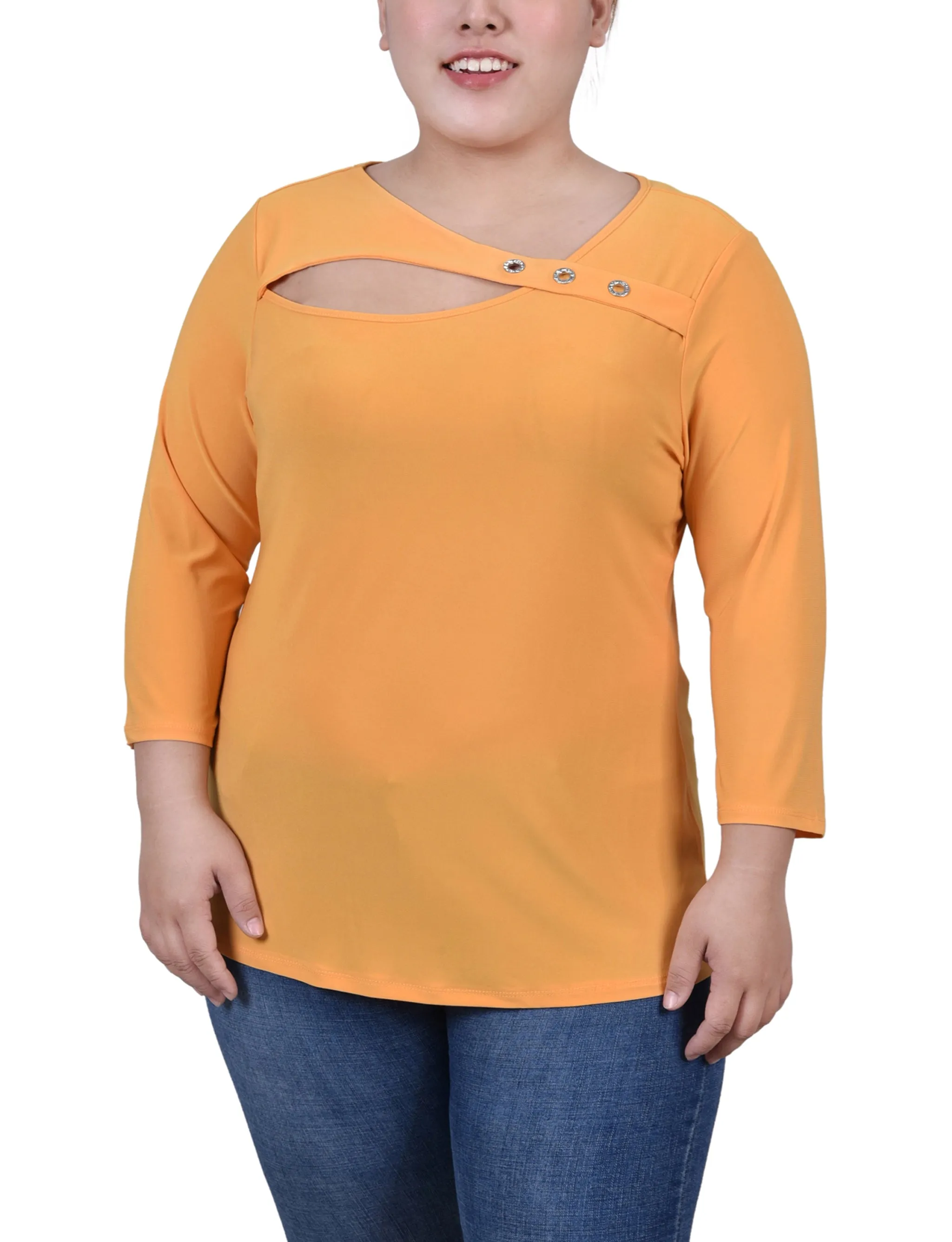 Belt Waist Plus Size 3/4 Sleeve Cutout Top