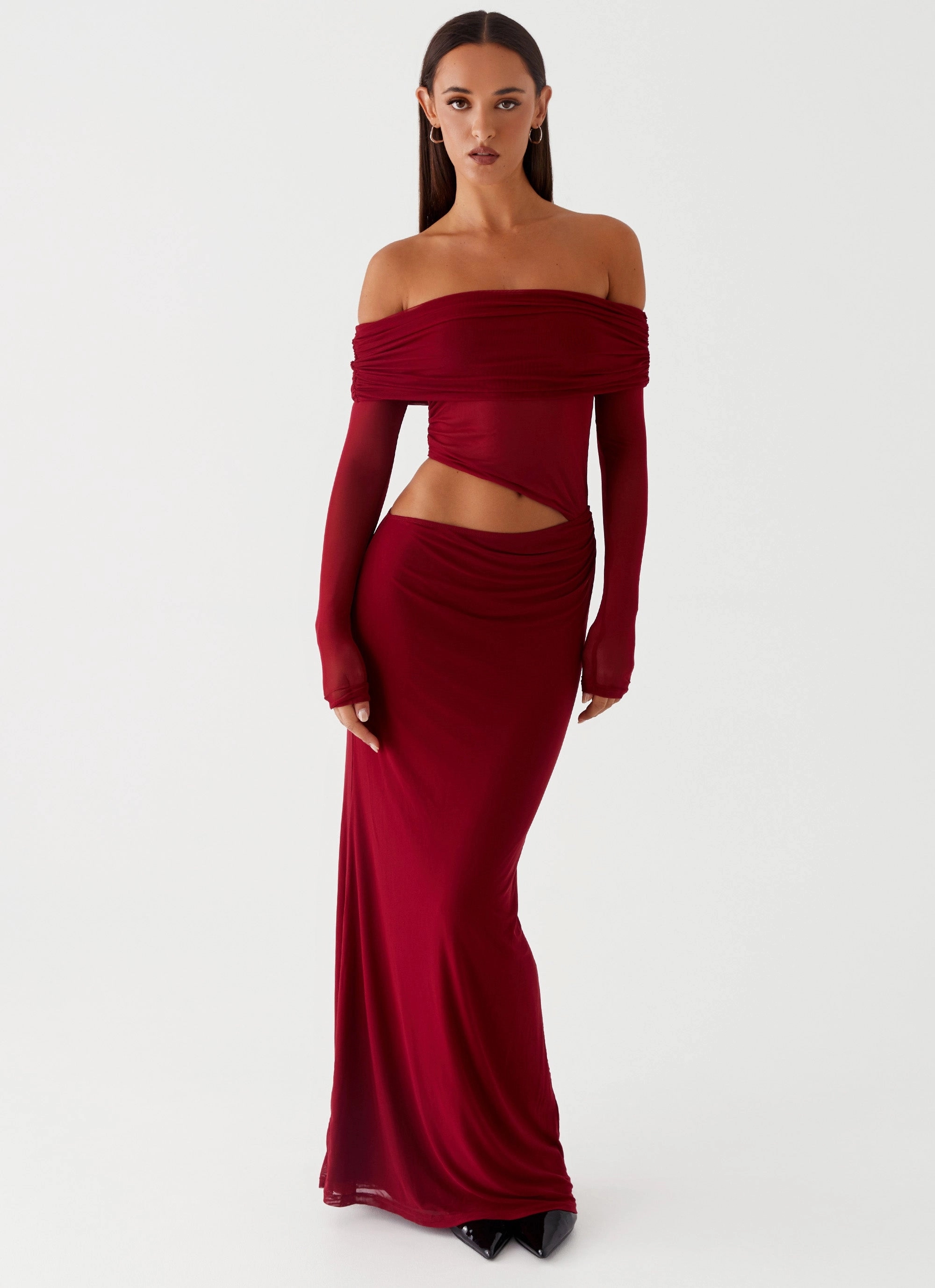 Sheer Overlay Slim Form Emery Maxi Dress - Cherry Red