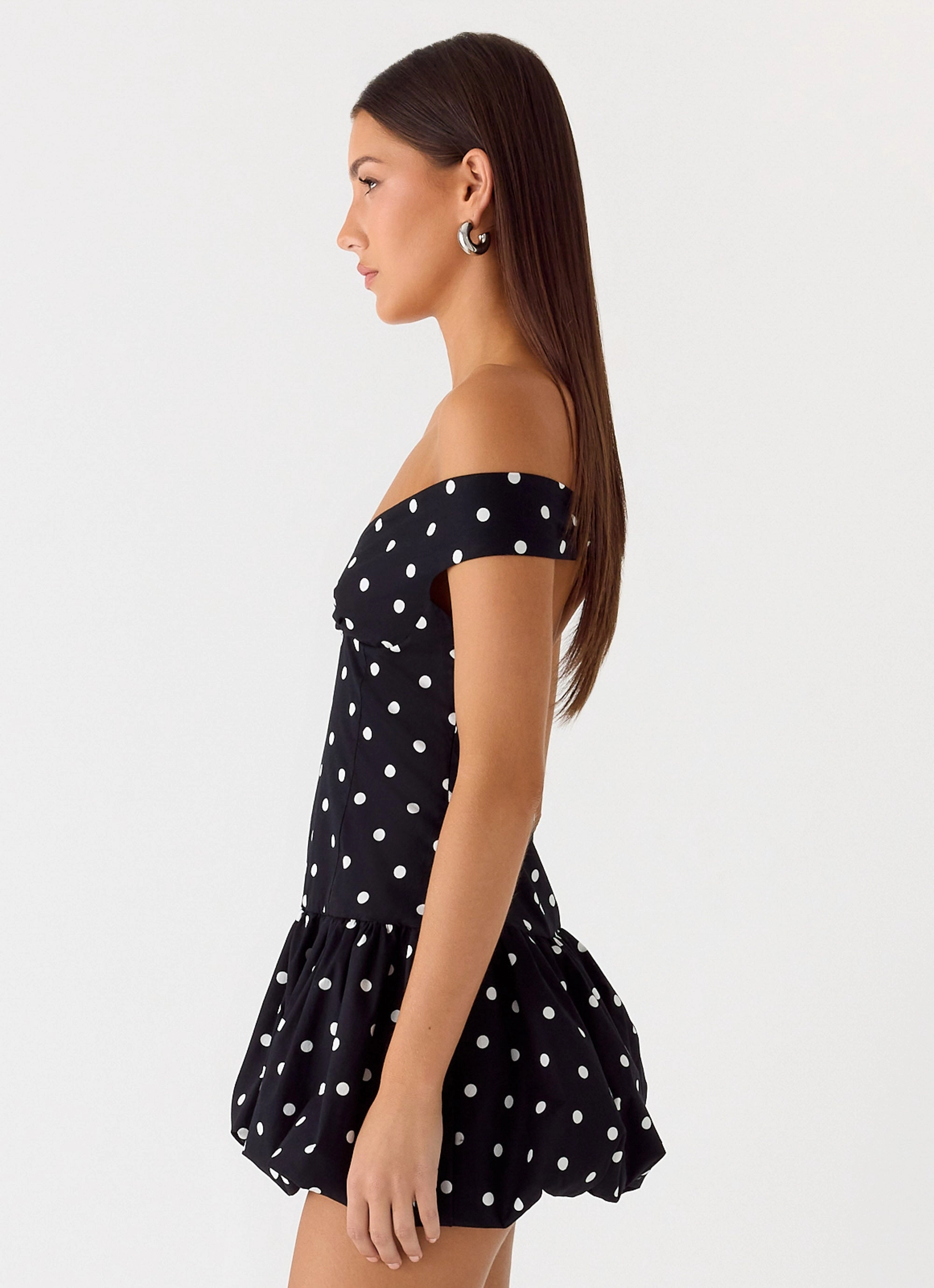 Chic Direction Fitted Mood Endless Romance Off Shoulder Mini Dress - Black Polkadot