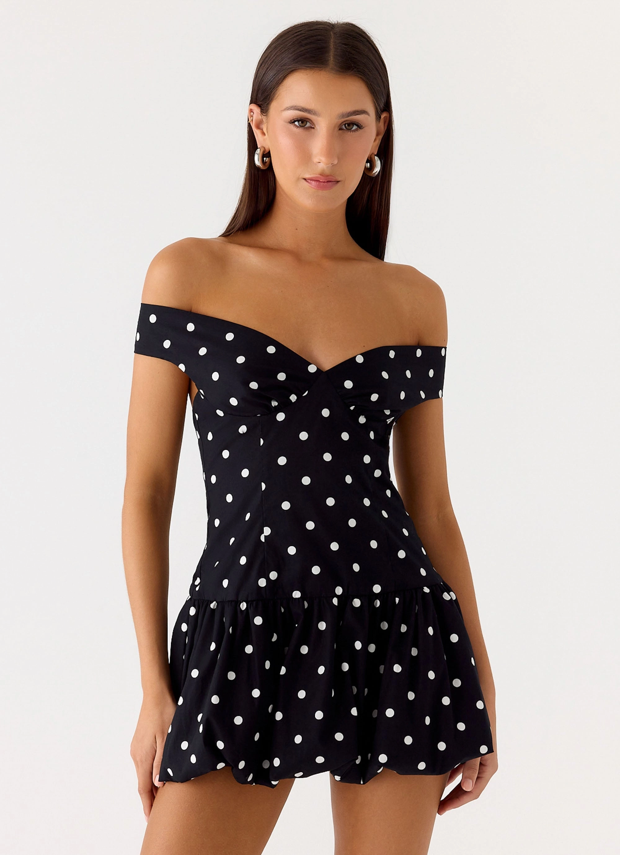 Statement Mood Endless Romance Off Shoulder Mini Dress - Black Polkadot