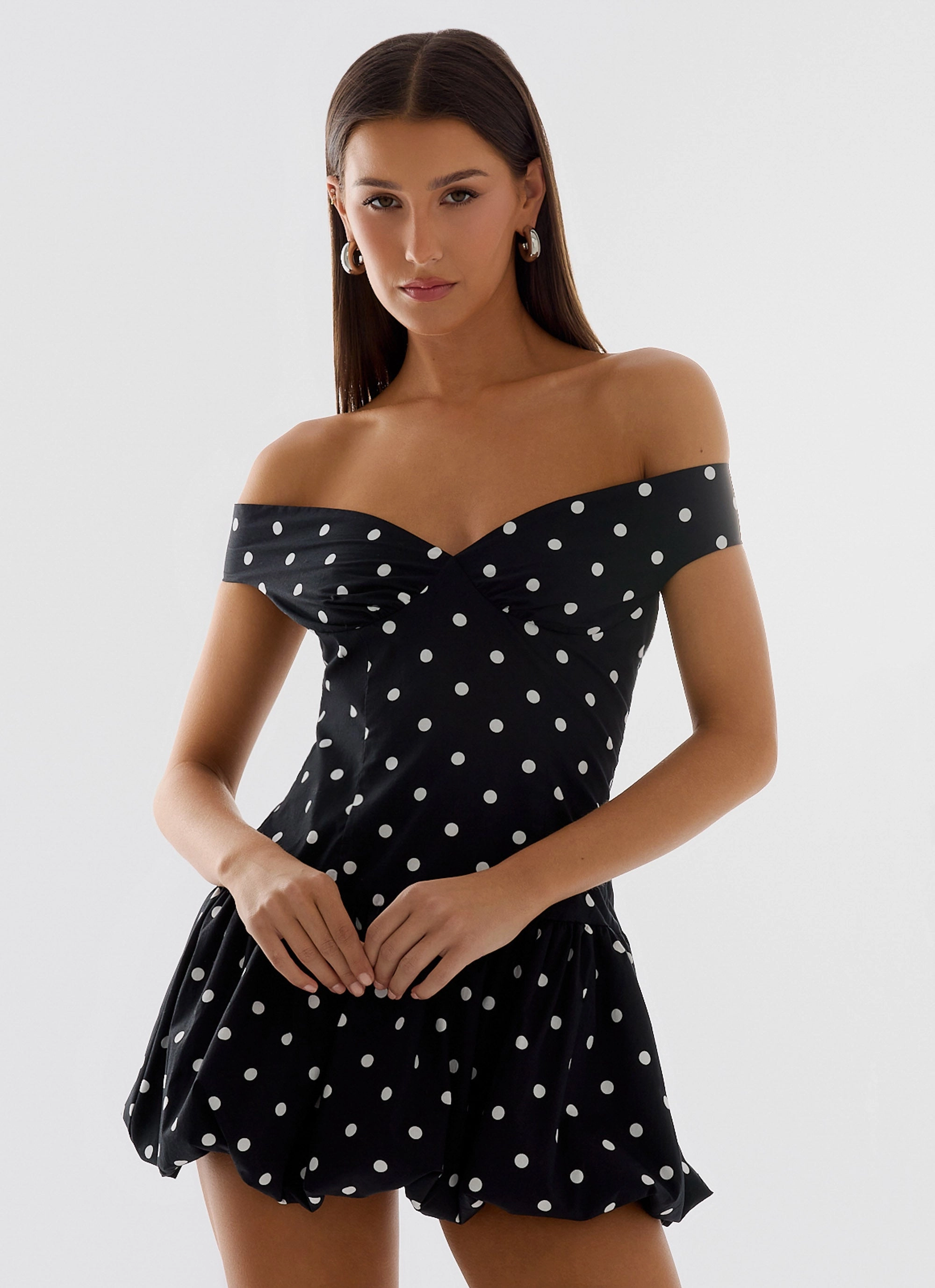 Easy Tones Smooth Motion Endless Romance Off Shoulder Mini Dress - Black Polkadot