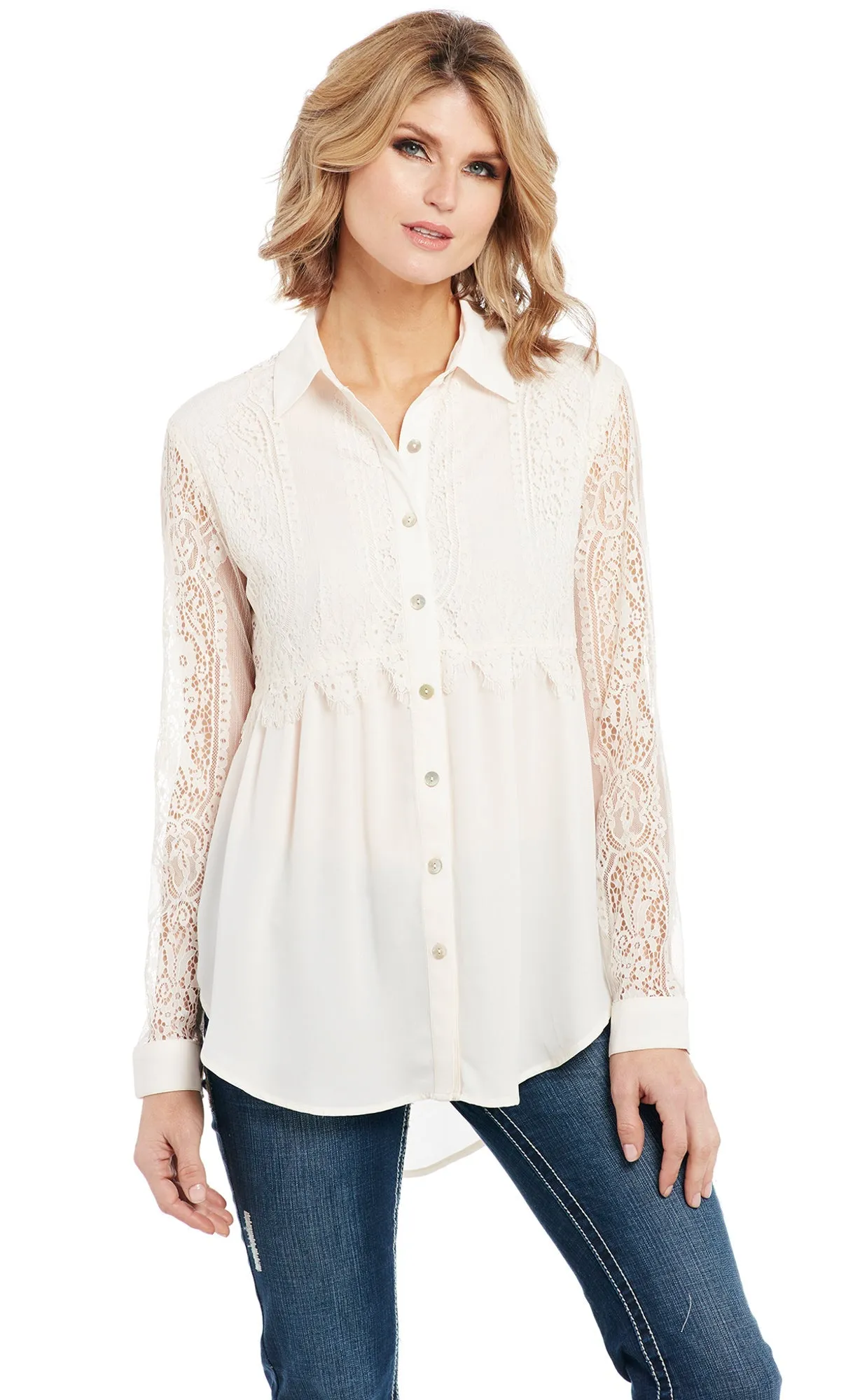 Cowgirl Up Womens White Polyester Lace Sleeves Blouse L/S Neutral Outfit Piece Modern Attire